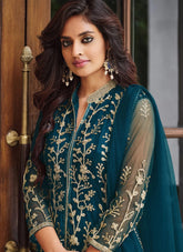 Teal Blue Butterfly Net Heavy Coding Embroidered Slit Style Suit